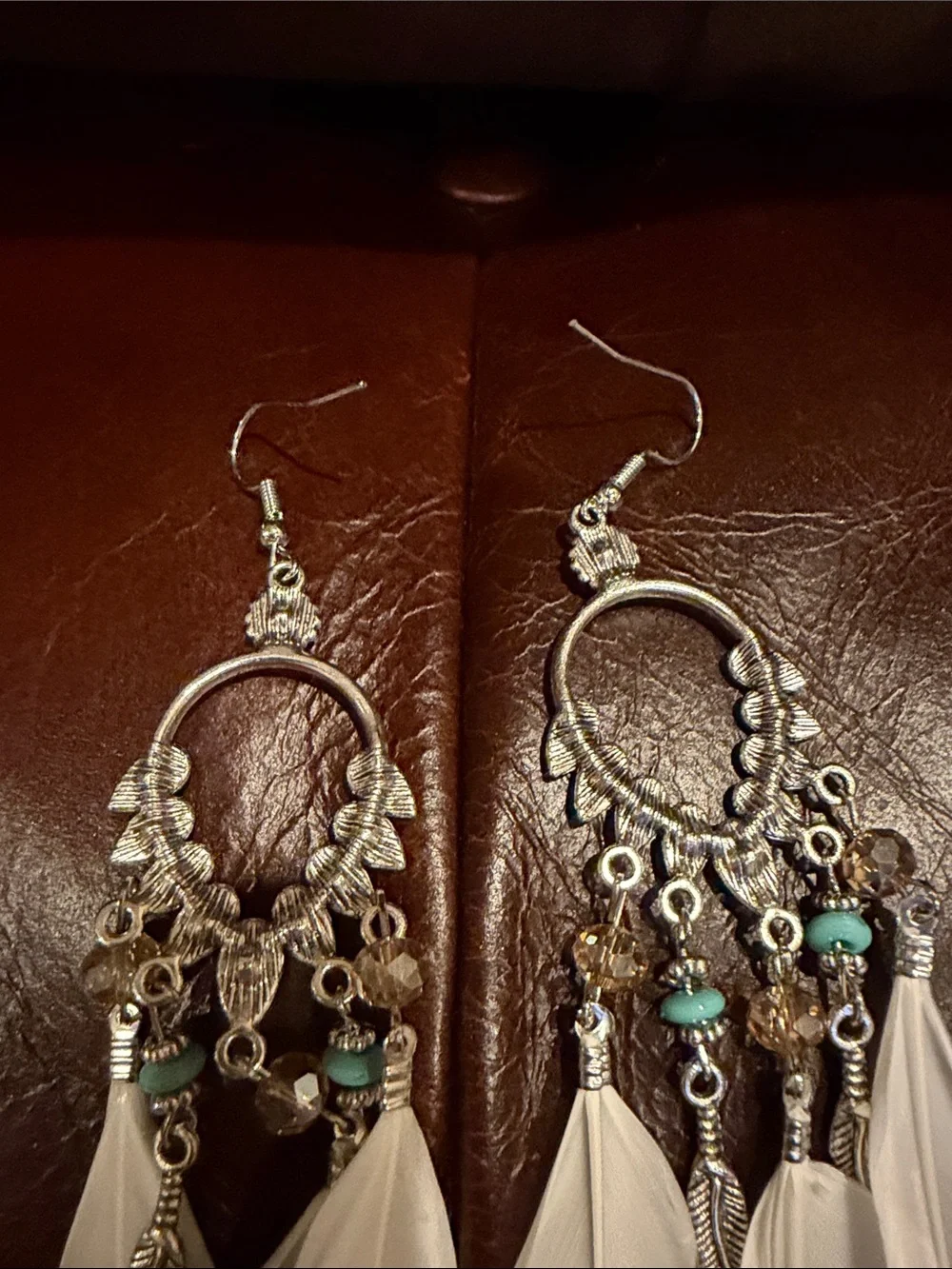 Fashion Jewelry Silver-Tone Feather Drop Earrings with Turquoise Beads
